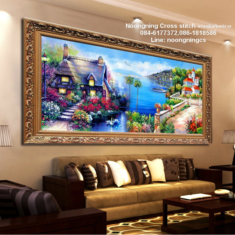 วิวบ้านริมธาร ชุดปักครอสติช พิมพ์ลาย ครอสติสจีน งานฝีมือ DIY