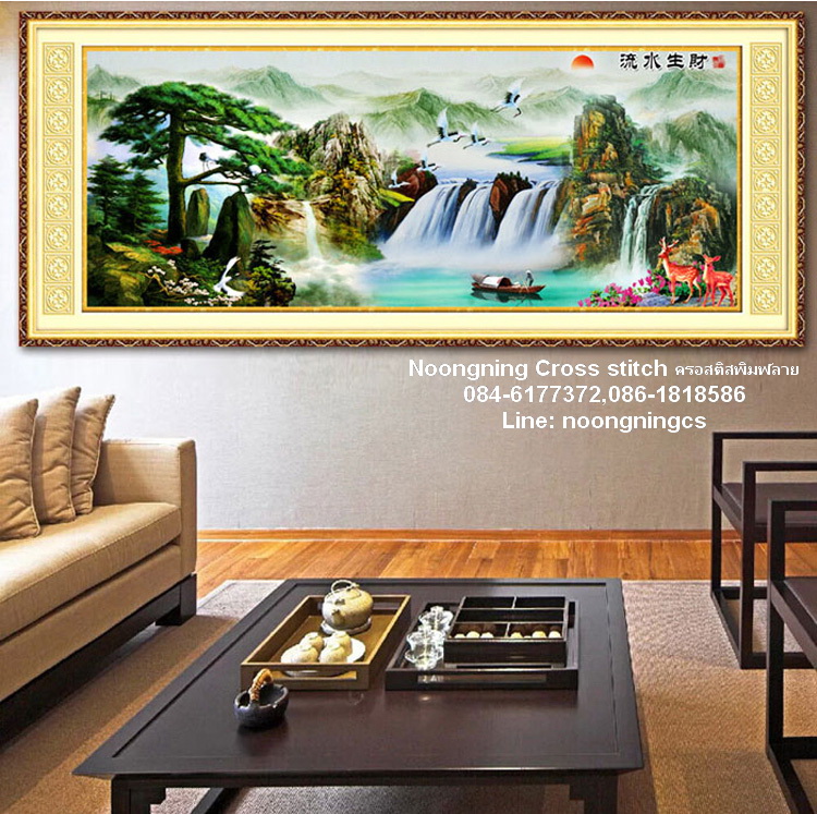 วิวน้ำตก หุบเขา ชุดปักครอสติส พิมพ์ลาย ครอสติสจีน งานฝีมือทำที่บ้าน DIY