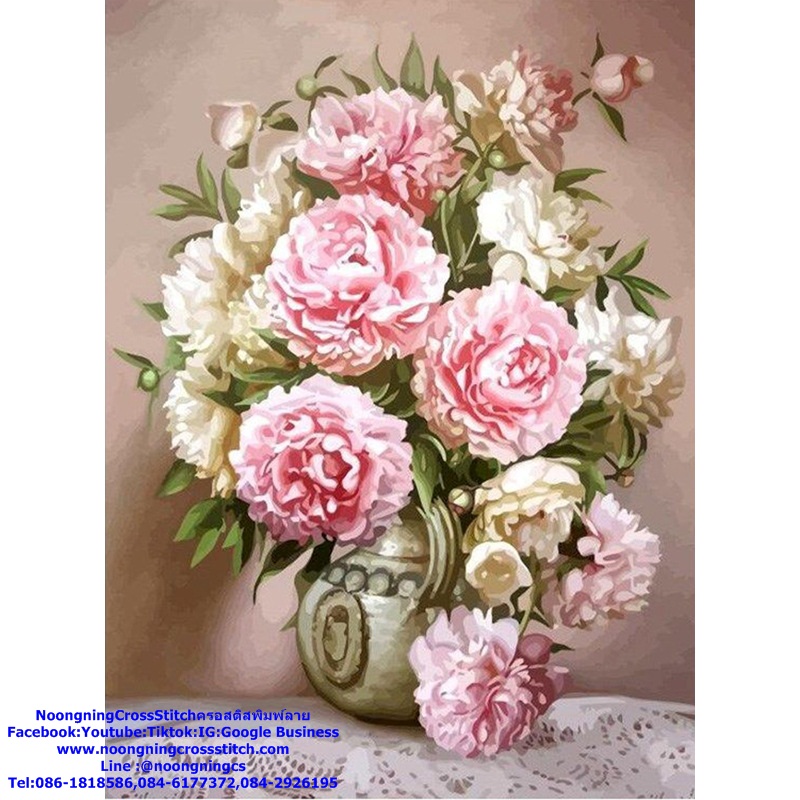 แจกันดอกไม้สวยงาม ชุดปักครอสติช พิมพ์ลาย ครอสติสจีน งานฝีมือ DIY