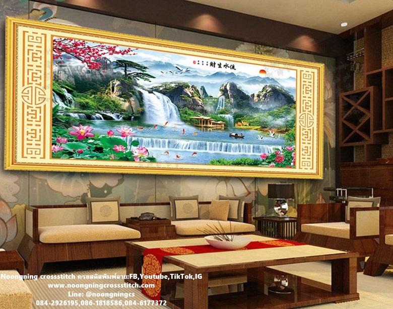 น้ำตก ภูเขา ชุดปักครอสติช พิมพ์ลาย ครอสติสจีน งานฝีมือ DIY