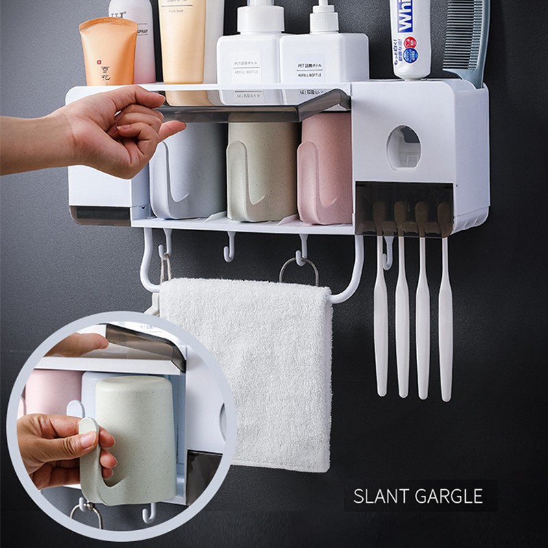 BestoreHome เครื่องบีบยาสีฟันอัต โนมัติมีที่แขวนแปรงสีฟัน เก็บแปรงสีฟันติดผนัง แถมชุดแก้วน้ำ สินค้ามีพร้อมส่ง