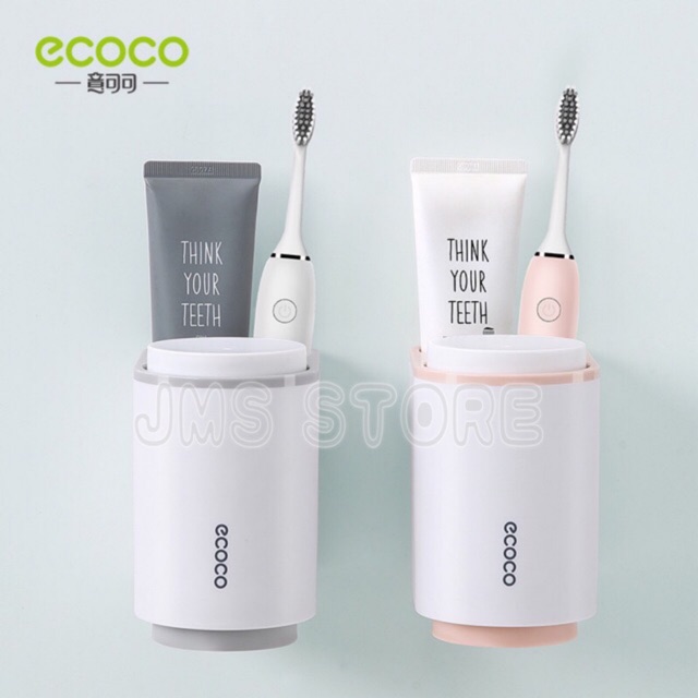 ECOCO ที่เก็บแปรงสีฟัน พร้อมแก้ว 2 ใบ ที่ใส่ยาสีฟัน ติดผนัง ไม่ต้องเจาะ E1905