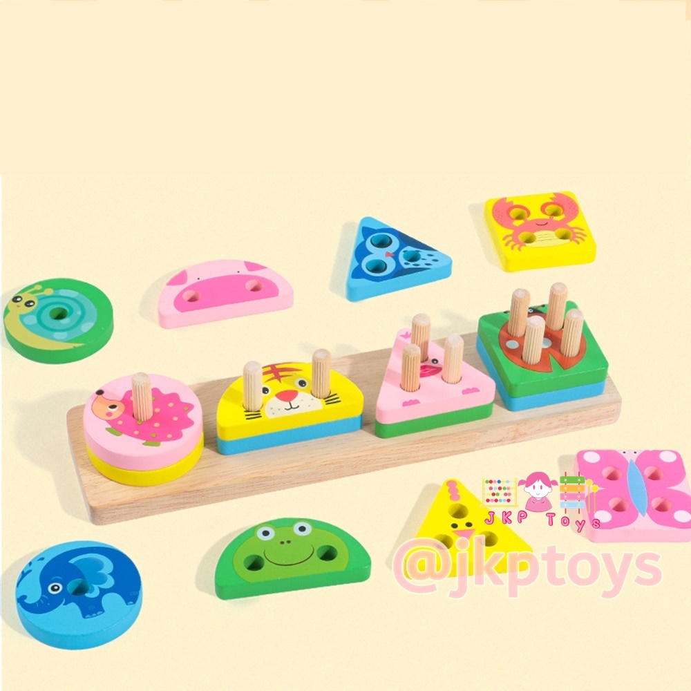 สวมหลักรูปทรงเรขาคณิตลายสัตว์ ของเล่นไม้เสริมพัฒนาการ ของเล่นไม้ทักษะ