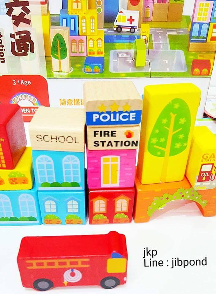 บล็อคไม้สร้างเมือง 100 ชิ้น ลายจราจรพร้อมฉาก