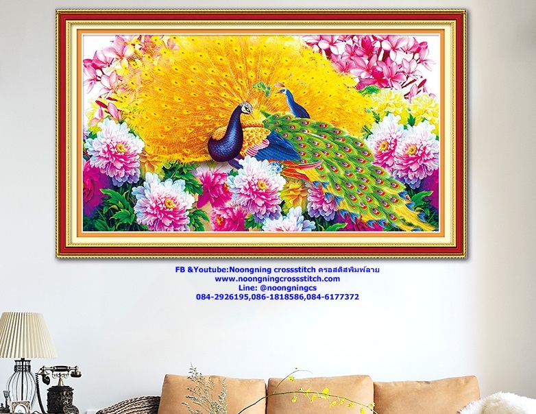 นกยูงคู่รำแพน ชุดปักครอสติส พิมพ์ลาย ครอสติสจีน งานฝีมือทำที่บ้าน DIY