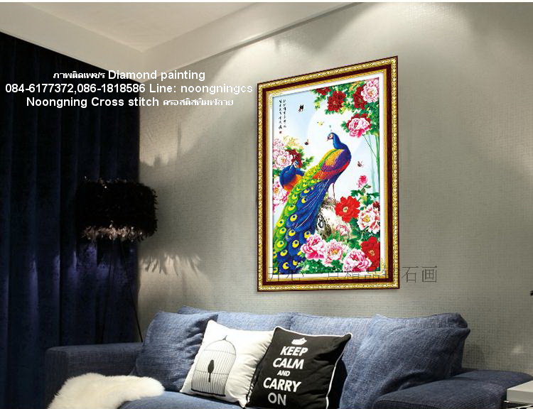 นกยูงคู่ ดอกโบตั๋น ภาพติดเพชรครอสติสคริสตัล Diamond painting โมเสก ภาพติดเพชร งานฝีมือ DIY