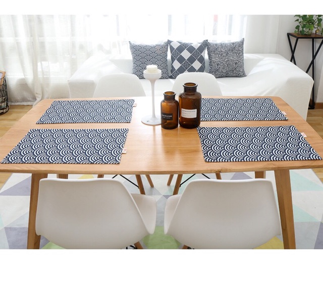 พร้อมส่ง! ที่รองจาน ทำจากผ้า สไตล์ญี่ปุ่น สีน้ำเงิน ของแต่งบ้าน แต่งคอนโด ผ้ารองจาน