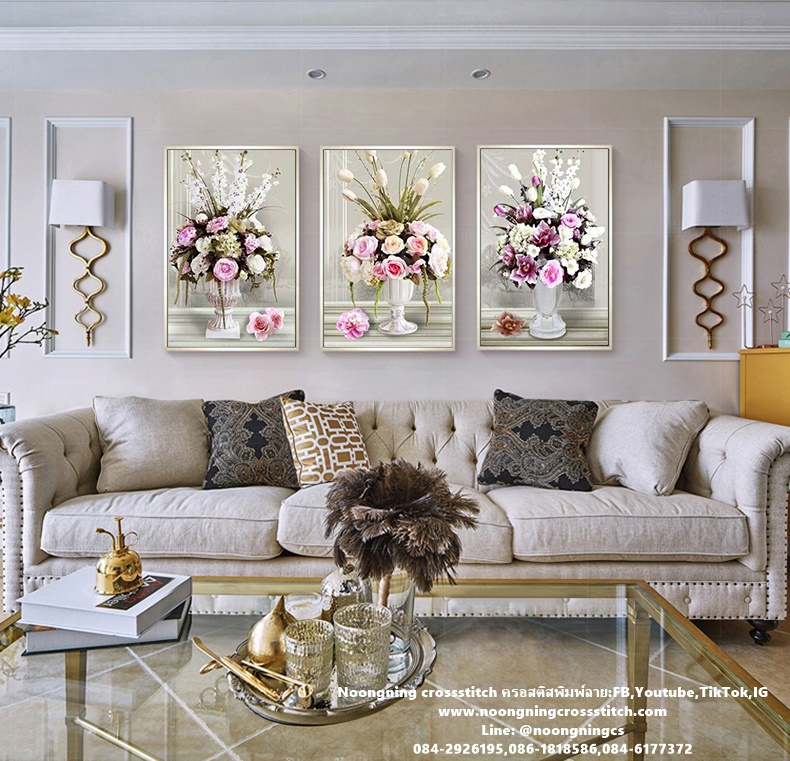 นกคู่ดอกไม้สวยงาม ชุดปักครอสติช พิมพ์ลาย ครอสติสจีน งานฝีมือ DIY