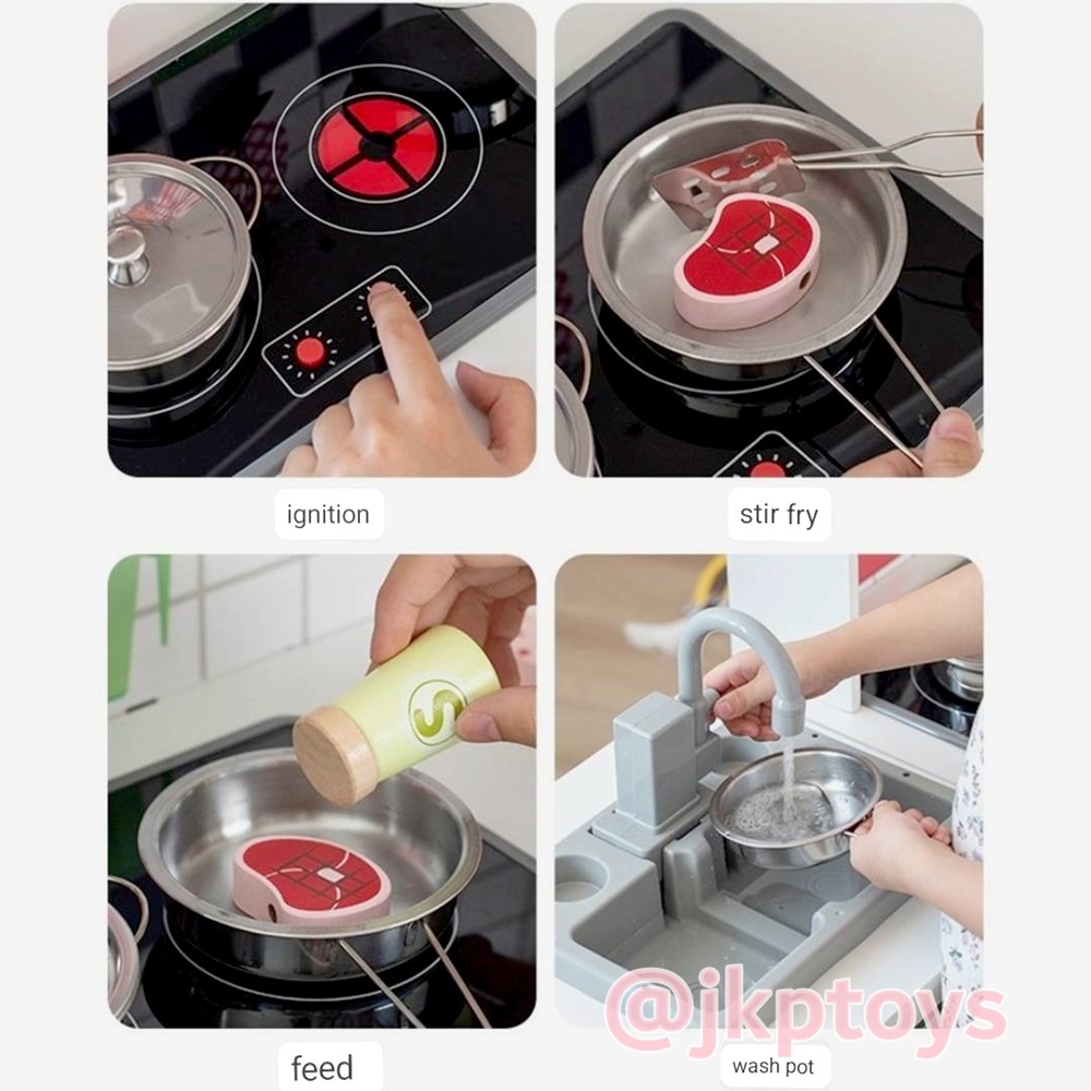 ⭐มีบริการประกอบใฟ้ ชุดครัว+ตู้เย็น สูง 96.5 ซม ไมโครเวฟ เตาอบ อ่างล้างจาน มีเสียง มีไฟ ชุดครัวไม้ของเล่น ชุดครัวเด็ก