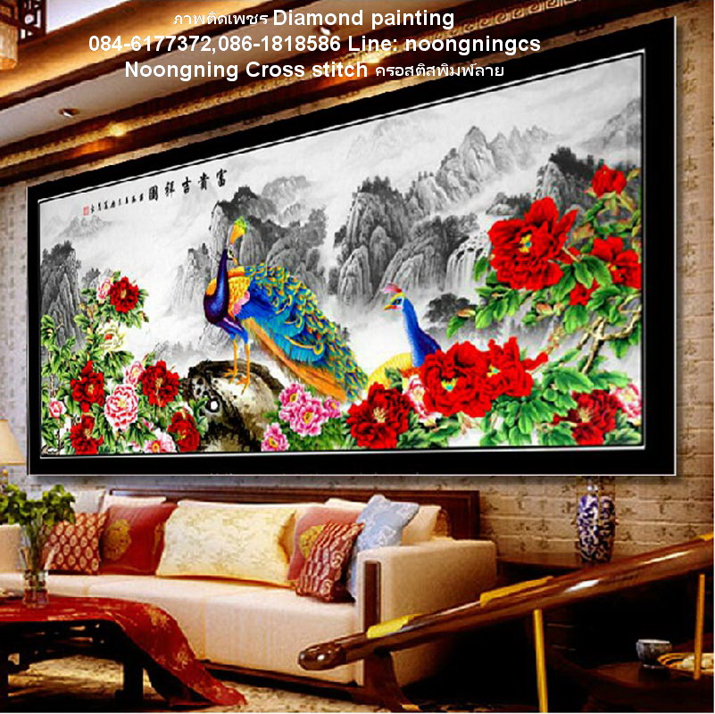 นกยูงทอง ดอกโบตั๋น ครอสติสคริสตัล Diamond painting โมเสก ภาพติดเพชร งานฝีมือทำที่บ้าน DIY