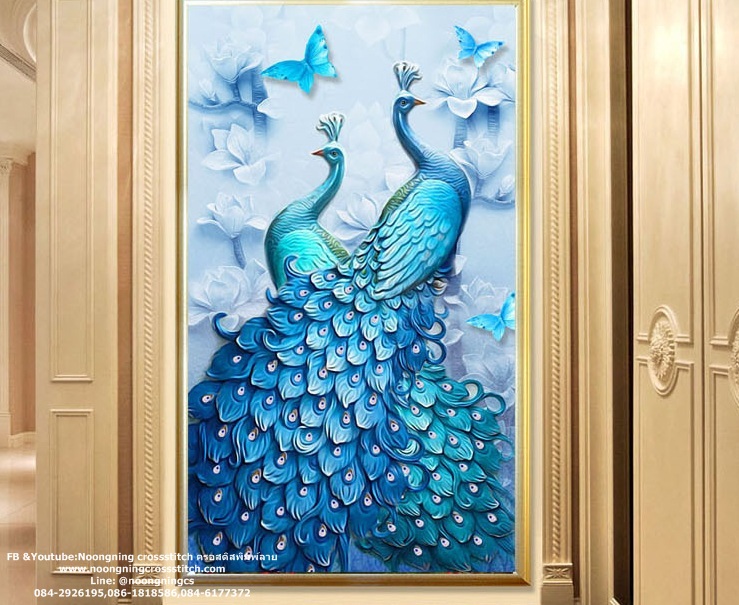 นกยูงฟ้าคู่มงคล ชุดปักครอสติส พิมพ์ลาย ครอสติสจีน งานฝีมือทำที่บ้าน DIY