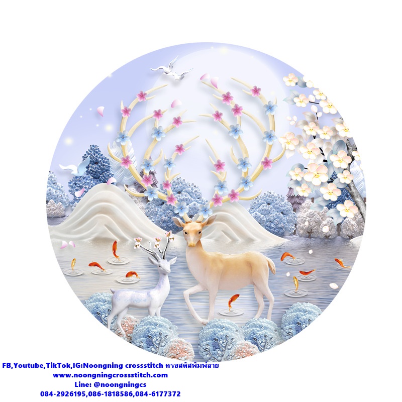 กวางคู่ มงคล ชุดปักครอสติส พิมพ์ลาย ครอสติสจีน งานฝีมือทำที่บ้าน DIY