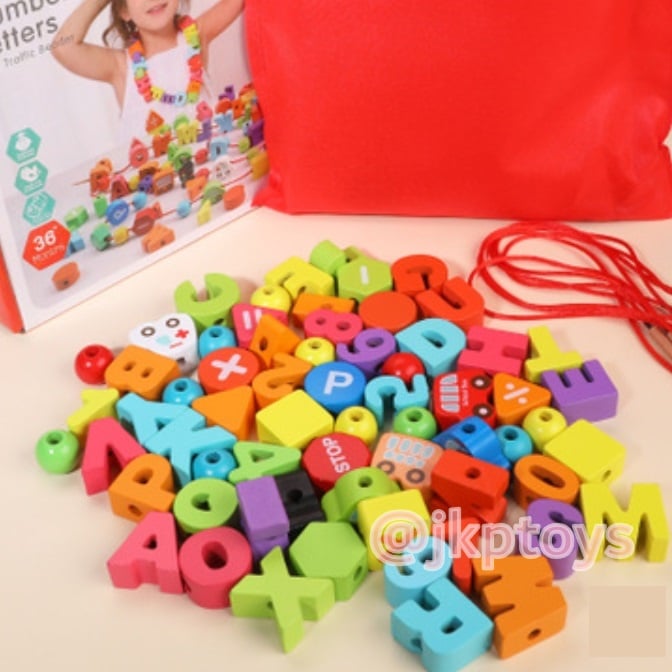 ของเล่นไม้เสริมพัฒนาการ ร้อยเชือก A-Z ตัวเลข ลูกปัดรวม 72 ชิ้น