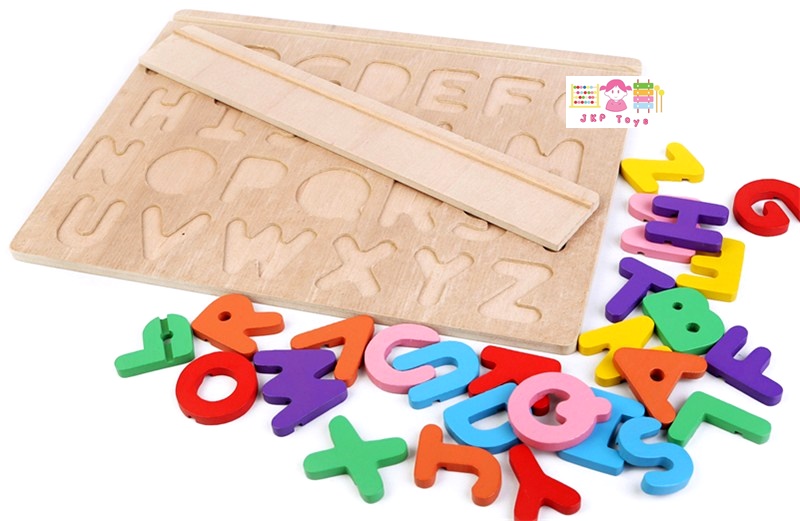 กระดานจิ๊กซอว์ตัวอักษรไม้ + การ์ดคำศัพท์เรียนรู้ภาษาอังกฤษ