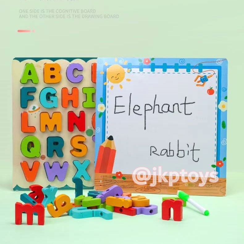 ของเล่นไม้เสริมพัฒนาการ 3 in 1 กระดานจับคู่ A-Z เล่นร้อยเชือกได้ ด้านหลังเป็นไวท์บอร์ด