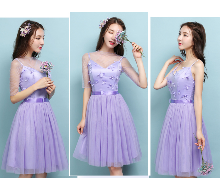 ชุดราตรีสั้นสีม่วงสายเดี่ยว+เสื้อคลุมตาข่าย