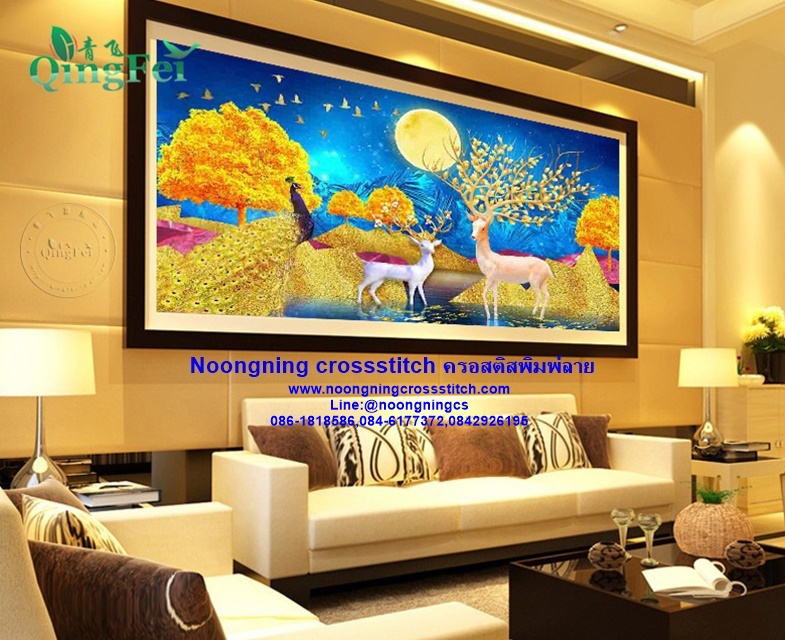 กวางแม่ลูก นกยูงทองมงคล ชุดปักครอสติส พิมพ์ลาย ครอสติสจีน งานฝีมือทำที่บ้าน DIY