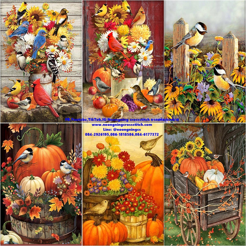 นกคู่ ดอกไม้สวยงาม ชุดปักครอสติช พิมพ์ลาย ครอสติสจีน งานฝีมือ DIY