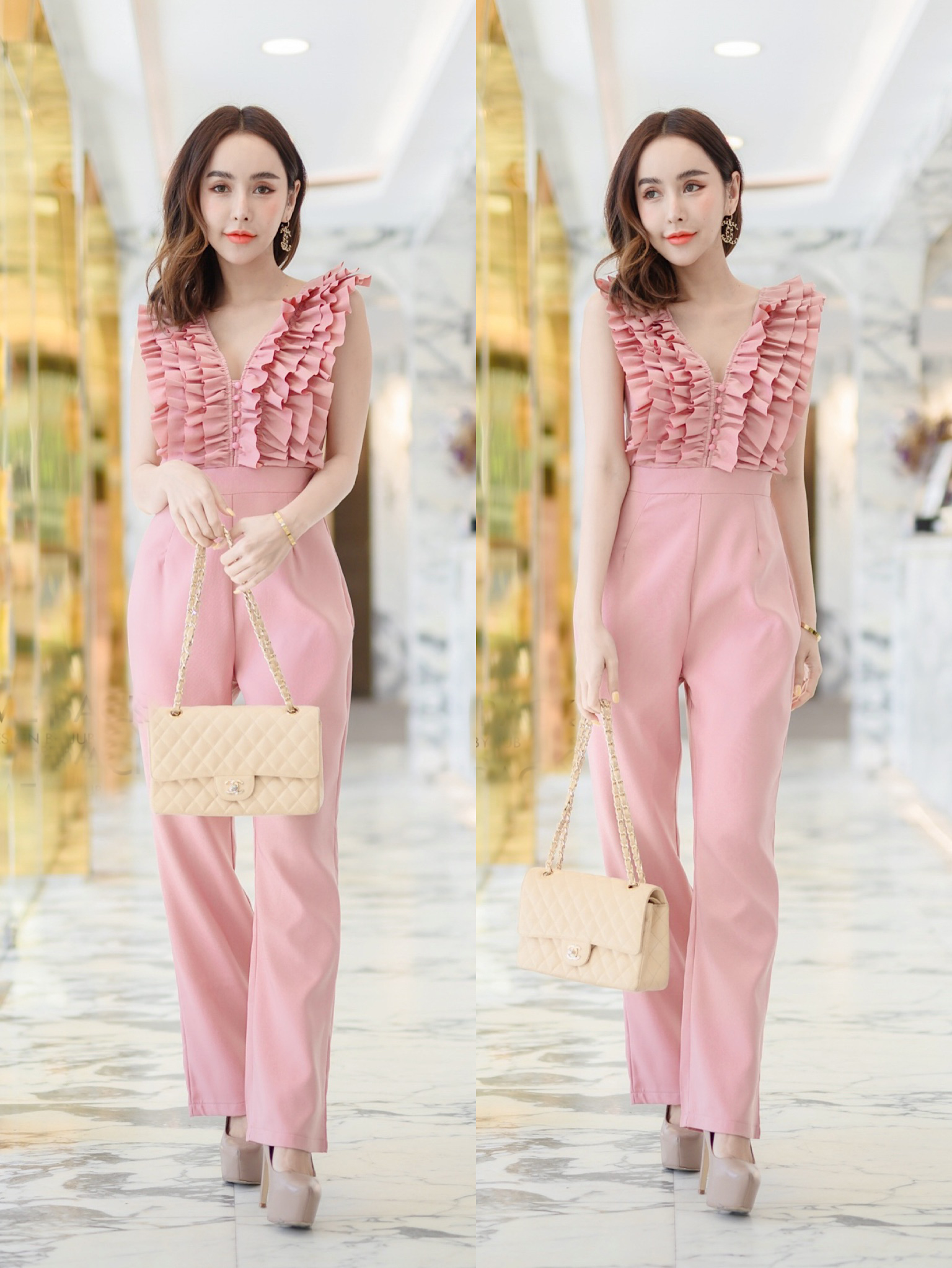 JS00105 จั๊มสูทขายาว จั๊มสูทออกงาน จั๊มสูทเกาหลี จั๊มสูทแขนกุด จั๊มสูทแฟชั่น จั๊มสูท (สีชมพู)