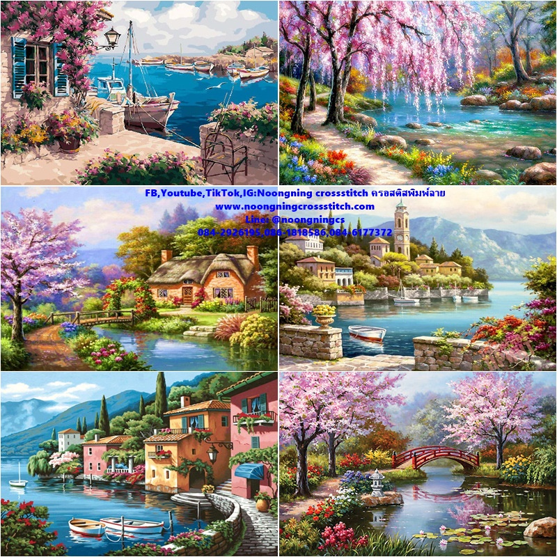 บ้านริมน้ำ ชุดปักครอสติช พิมพ์ลาย ครอสติสจีน งานฝีมือ DIY