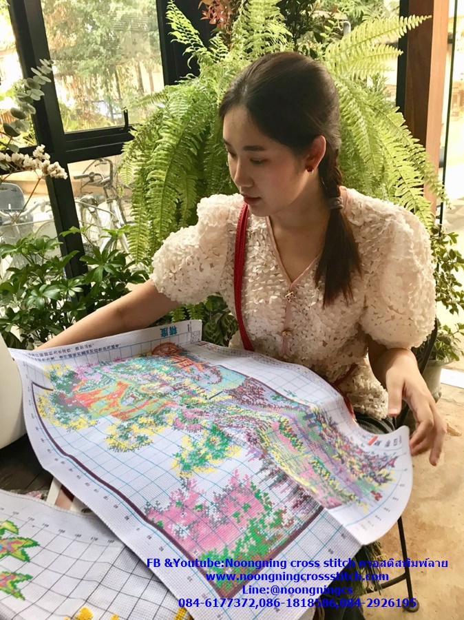 นกยูงคู่ ดอกแมกโลเนีย ชุดปักครอสติส พิมพ์ลาย ครอสติสจีน งานฝีมือทำที่บ้าน DIY