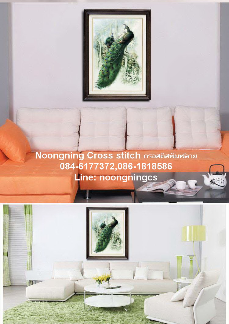นกยูงดอกโบตั๋น ชุดปักครอสติช พิมพ์ลาย ครอสติสจีน งานฝีมือ DIY