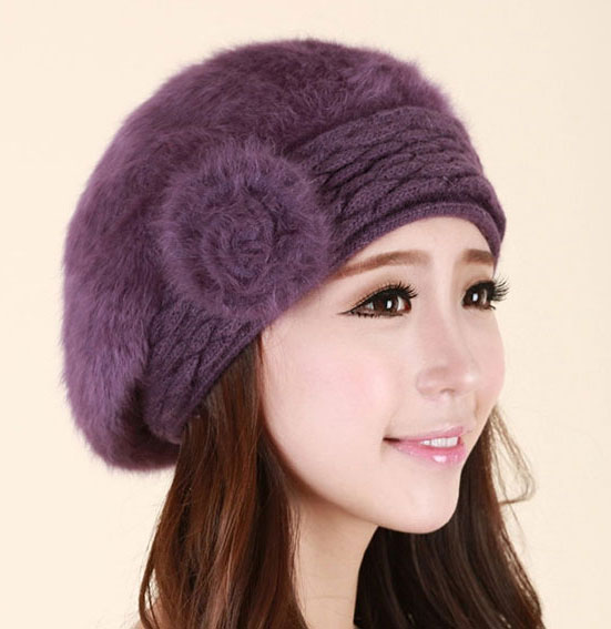 หมวกไหมพรมขนกระต่ายกันหนาวสีม่วงทรงไบเล่(พร้อมส่ง)(Free Size)