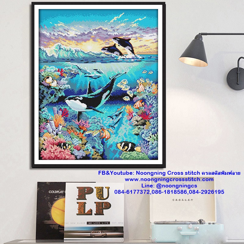 โลมา โลกสวยใต้ทะเล ชุดปักครอสติส พิมพ์ลาย ครอสติสจีน งานฝีมือทำที่บ้าน DIY