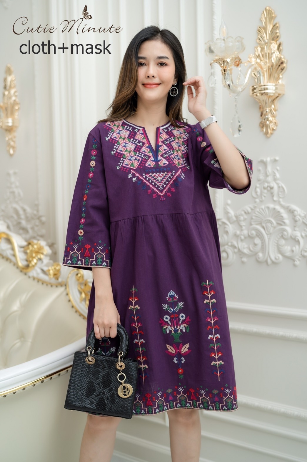Sale++#CUTIE MINUTE 14041 เดรสลินิน+Maskผสมผ้าฝ้ายญี่ปุ่นเกรดพรีเมี่ยม งานปักอลังการทั้งตัว ทรงปล่อยๆสบายๆ ชุดใส่ง่าย ใส่เที่ยว ใส่อยู่บ้านตอนรับซัมเมอร์ได้สบายๆเลยค่ะ ** Mask ทรงสวยปรับเข้ากับโครงหน้า ใส่แล้วหน้าดูเรียวยาว ใช้ผ้ามัสลินอย่างดีซับด้านใน**
