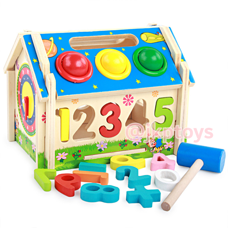 ของเล่นไม้ บ้านไม้กิจกรรม บล็อคหยอด ตัวเลข 0-9 ฟันเฟือง ทุบ 3 ช่อ