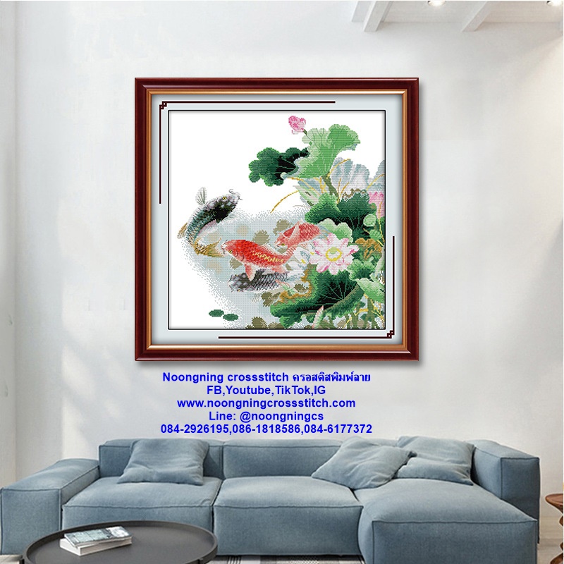 ปลาคราฟคู่ ดอกบัว ชุดปักครอสติส พิมพ์ลาย ครอสติสจีน งานฝีมือทำที่บ้าน DIY