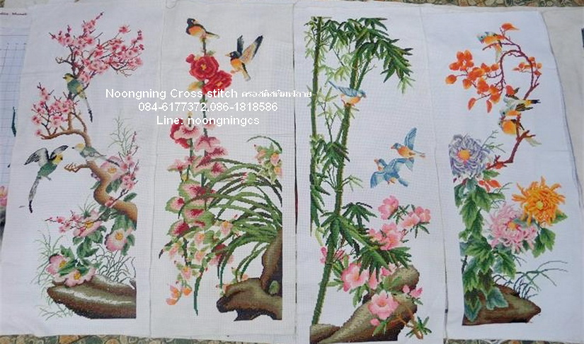 4ดอกไม้มงคล ครอสติสปักสำเร็จขนาด 85X35 ซม. X4 ชุดปักครอสติช พิมพ์ลาย ครอสติสจีน งานฝีมือ DIY