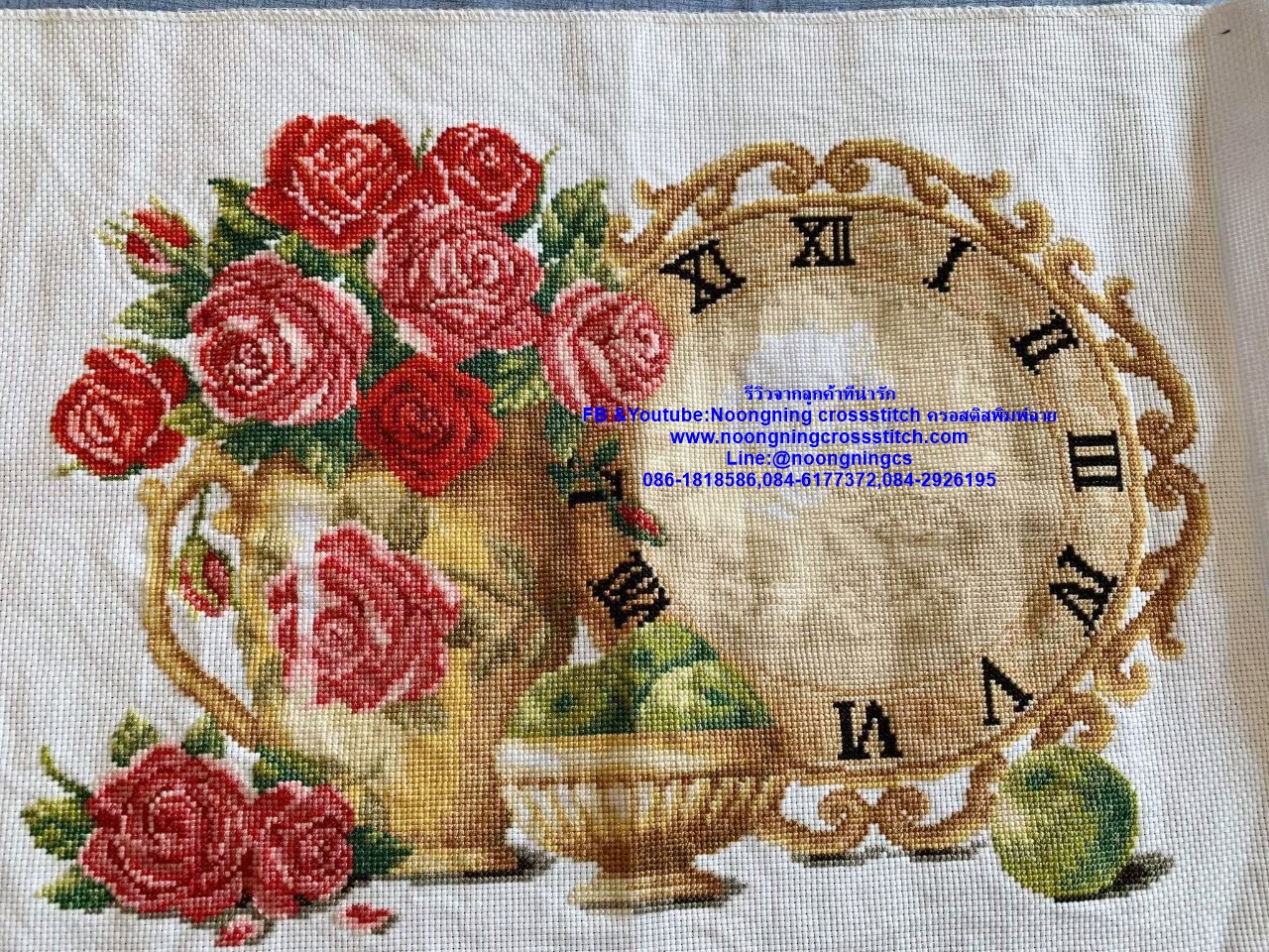 แจกันดอกกุหลาบ นาฬิกา ชุดปักครอสติส พิมพ์ลาย ครอสติสจีน งานฝีมือทำที่บ้าน DIY