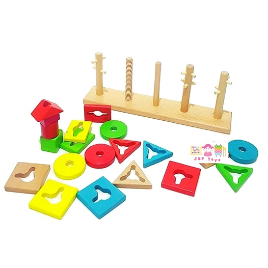 บล็อกไม้รูปทรง สวมหลัก 5 เสา Five Column Building Blocks สำเนา