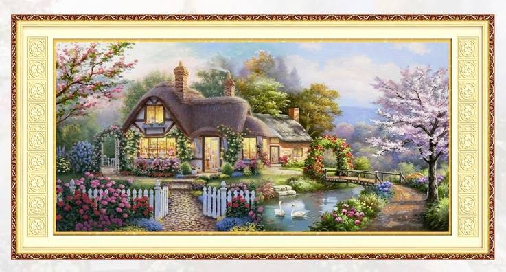 บ้านสวน ริมธาร ชุดปักครอสติส พิมพ์ลาย ครอสติสจีน งานฝีมือทำที่บ้าน DIY