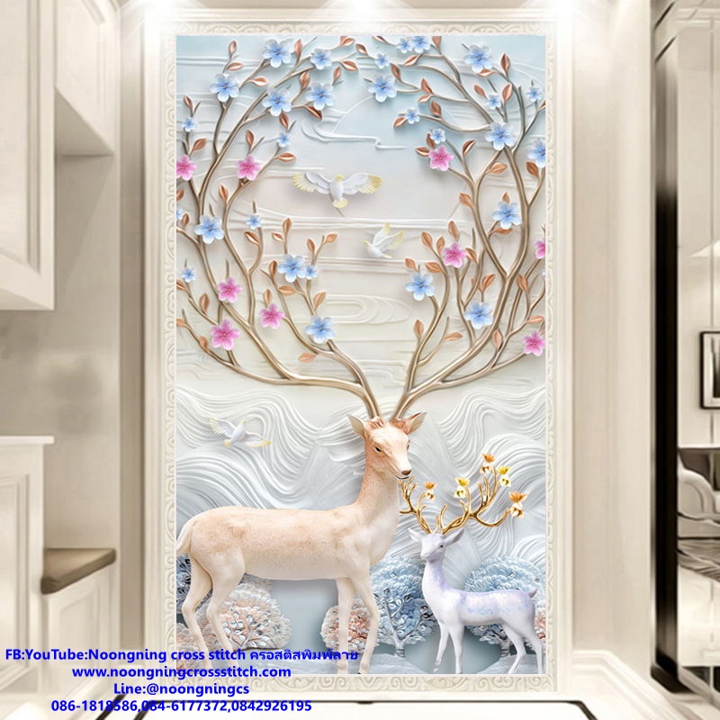 กวางแม่ลูก มงคล ชุดปักครอสติส พิมพ์ลาย ครอสติสจีน งานฝีมือทำที่บ้าน DIY