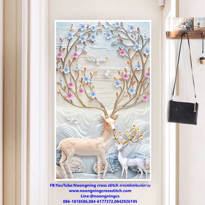 กวางแม่ลูก มงคล ชุดปักครอสติส พิมพ์ลาย ครอสติสจีน งานฝีมือทำที่บ้าน DIY