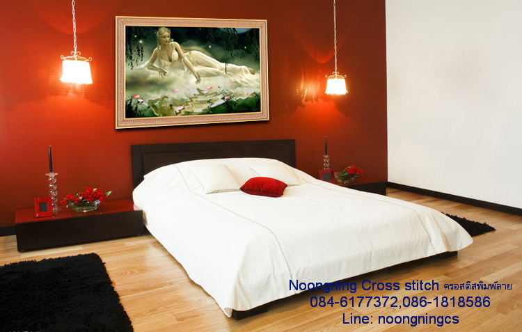 นางในสระน้ำ ชุดปักครอสติช พิมพ์ลาย ครอสติสจีน งานฝีมือ DIY