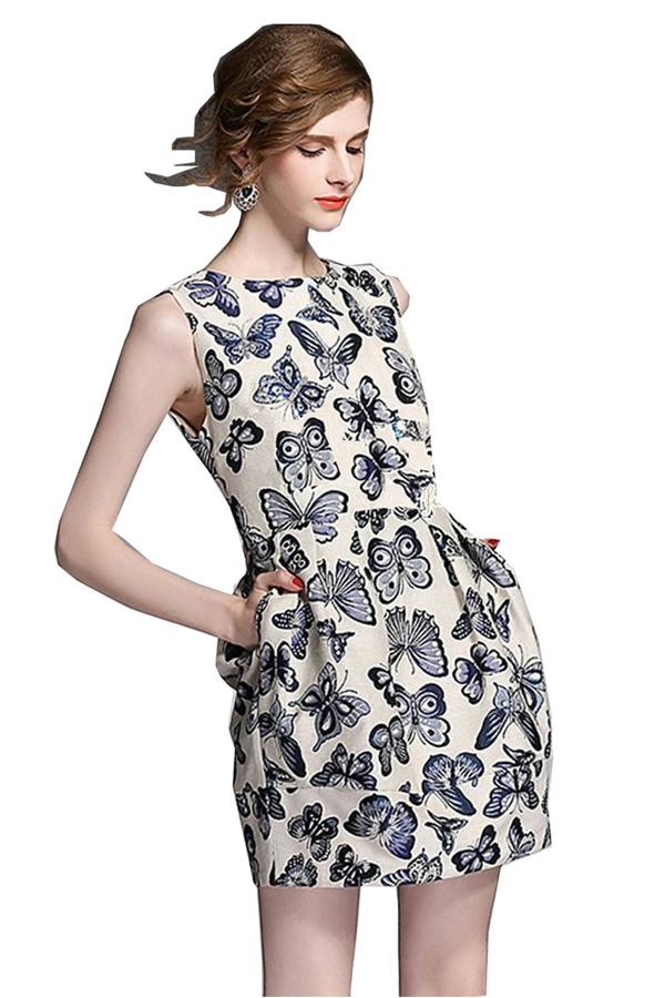 เสื้อผ้าแฟชั่น เสื้อผ้าเกาหลี เดรสเกาหลี เดรสทำงาน แซก ชุดเดรส เดรสสั้น เดรส แขนกุด สีครีม งานพิมพ์ลายผีเสื้อ