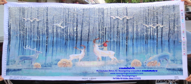 กวางคู่สีขาวนวล ครอสติสปักสำเร็จ11CT:ขนาดผ้า :185X80 ซม.