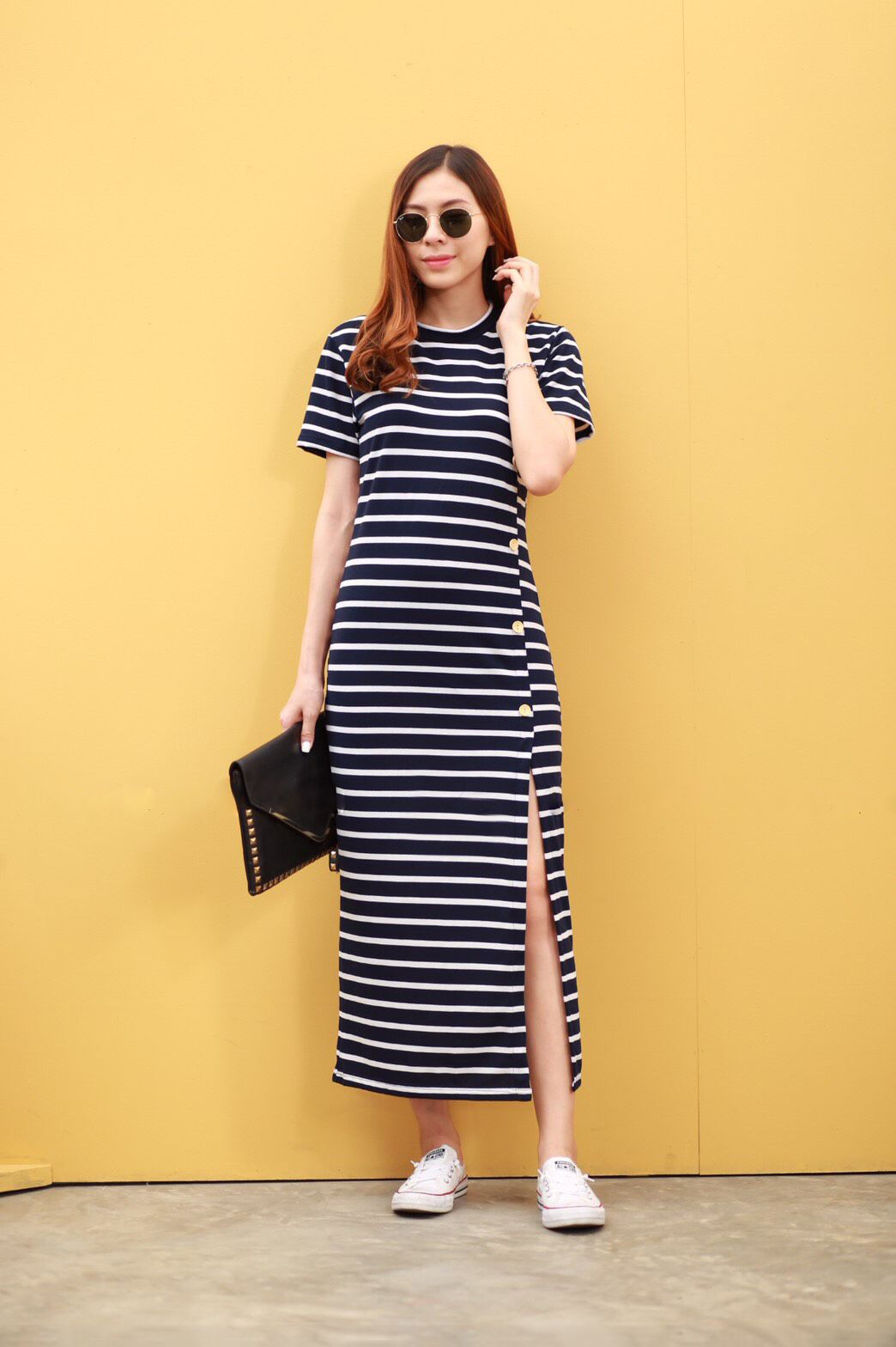 MD0036 ชุดเกาหลี เสื้อผ้าเกาหลี เสื้อผ้าแฟชั่น เดรสยาว แม็กซี่เดรส MaxiDress ชุดกระโปรงยาว (สีกรม)