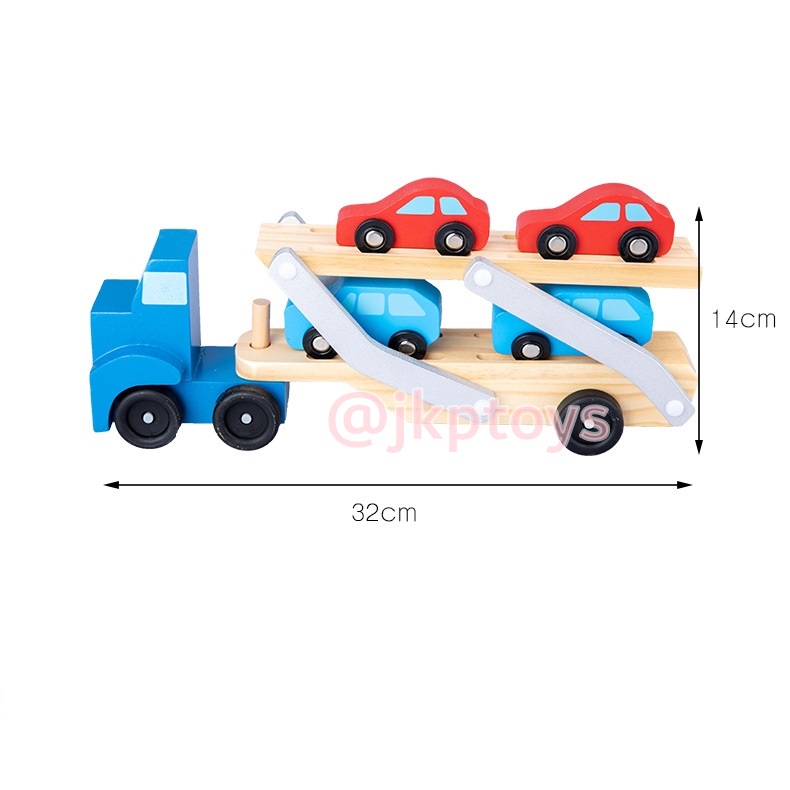 ของเล่นเสริมพัฒนาการ เซ็ตรถยก 2 ชั้น พร้อมรถไม้ 4 คัน สีน้ำเงิน