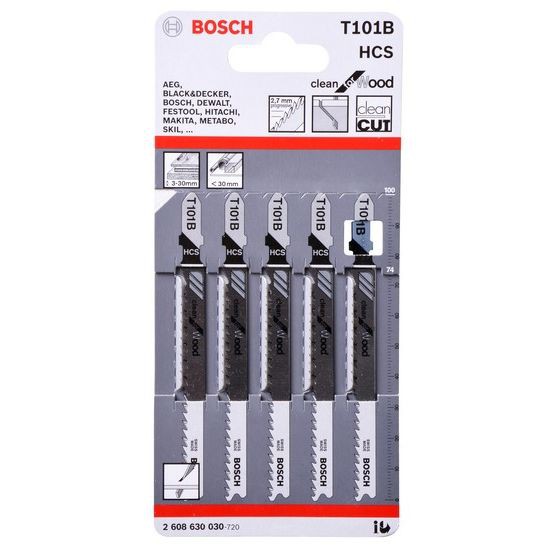 ใบเลื่อยจิ๊กซอว์ BOSCH รุ่น 2608630030 (5 ใบ/แพ็ค) เหมาะกับงานไม้เนื้ออ่อน แผ่นไม้อัดแกนจริง