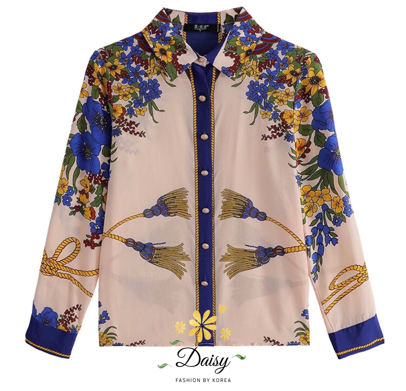 SaLe++#Daisy B3557 เสื้อเชิ้ตแขนยาวกระดุมหน้า คอปก เป็นกระดุมสีเงินปั๊มลาย ผ้าคอตตอนโพลีเอสเตอร์เนื้อสวย พื้นสีครีมพิมพ์ลายเชือกพู่และดอกไม้ลายสวยค่ะ แมทช์ง่าย ใส่แมทช์ได้หลายชุด สีครีมลายโทนสีน้ำเงิน ไซส์ อก 38” ยาว 24” ลายแต่ละตัวอาจแตกต่างกันเล็กน้อยอย