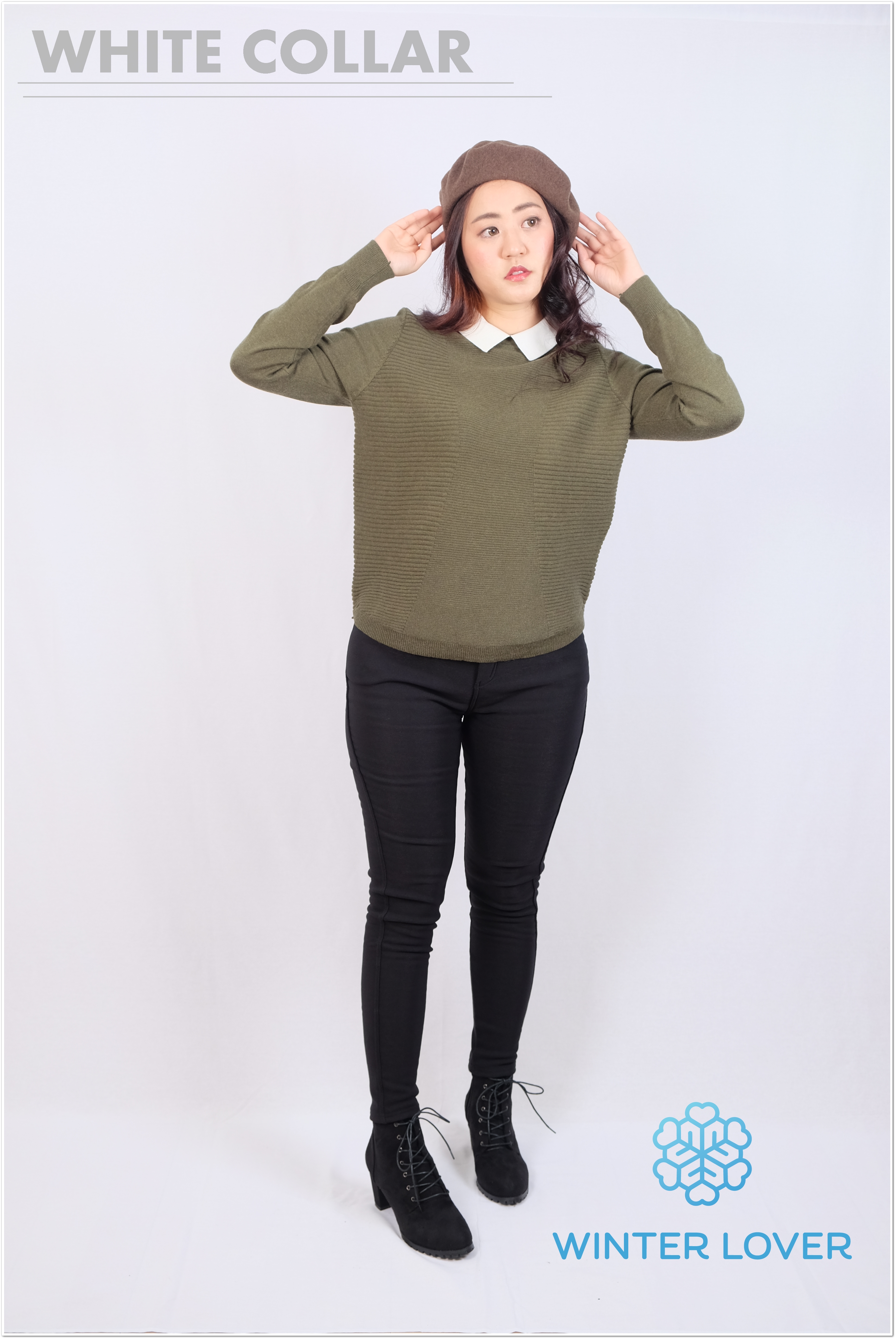 เสื้อกันหนาวสีเขียวไหมพรมคอปกขาวแขนยาวพร้อมส่ง