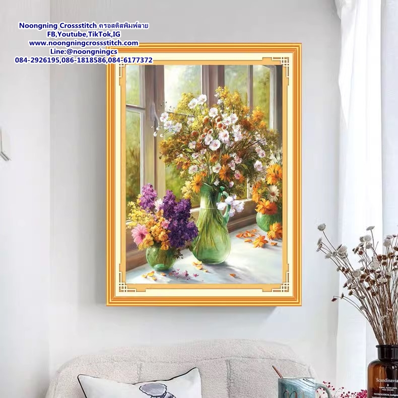 แจกันดอกไม้สวยงาม ชุดปักครอสติส พิมพ์ลาย ครอสติสจีน งานฝีมือทำที่บ้าน DIY