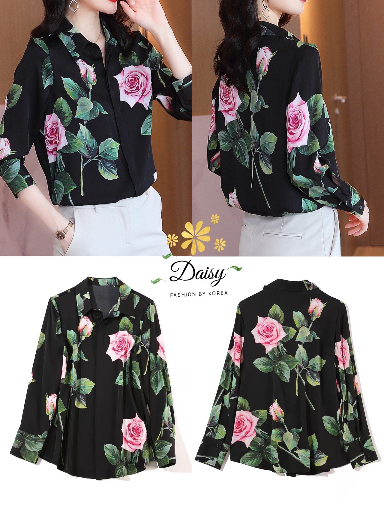 Sale++#Daisy B3556 เสื้อเชิ้ตลายกุหลาบ พิมพ์ลายสวยคมชัด ผ้าจอร์เจียนิ่ม แบบแขนยาวกระดุมหน้า ใส่แมทช์ง่ายได้หลายชุดค่ะ 🌟สีดำ 🎗ไซส์ 🎗อก 38” 🎗ยาว 23” ลายแต่ละตัวอาจแตกต่างกันเล็กน้อยอยู่ที่การวางผ้า ดูน้อยลง