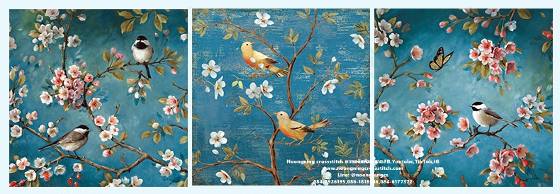 นกคู่ ดอกไม้3ชิ้น ชุดปักครอสติช พิมพ์ลาย ครอสติสจีน งานฝีมือ DIY