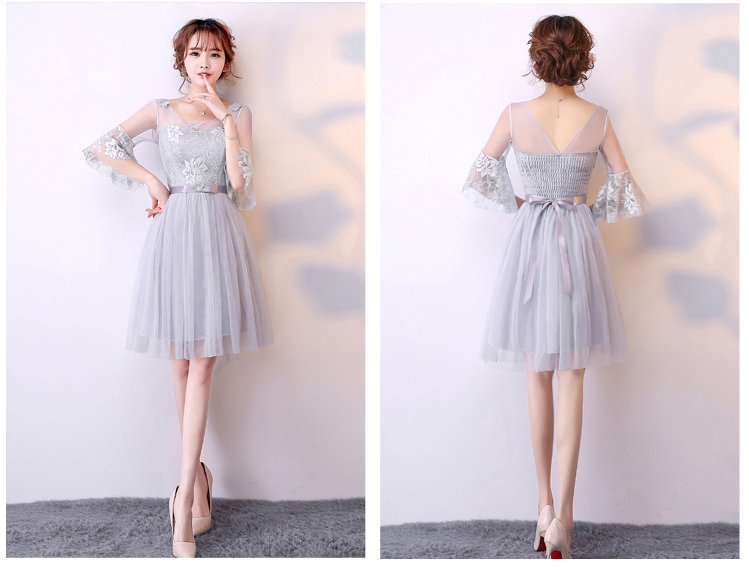 ชุดไปงานแต่งงานสุดหรูสีเทาแขนยาวประดับลวดลายสวยงาม