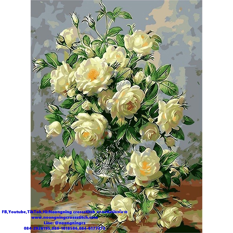 แจกันดอกกุหลาบขาว ชุดปักครอสติช พิมพ์ลาย ครอสติสจีน งานฝีมือ DIY